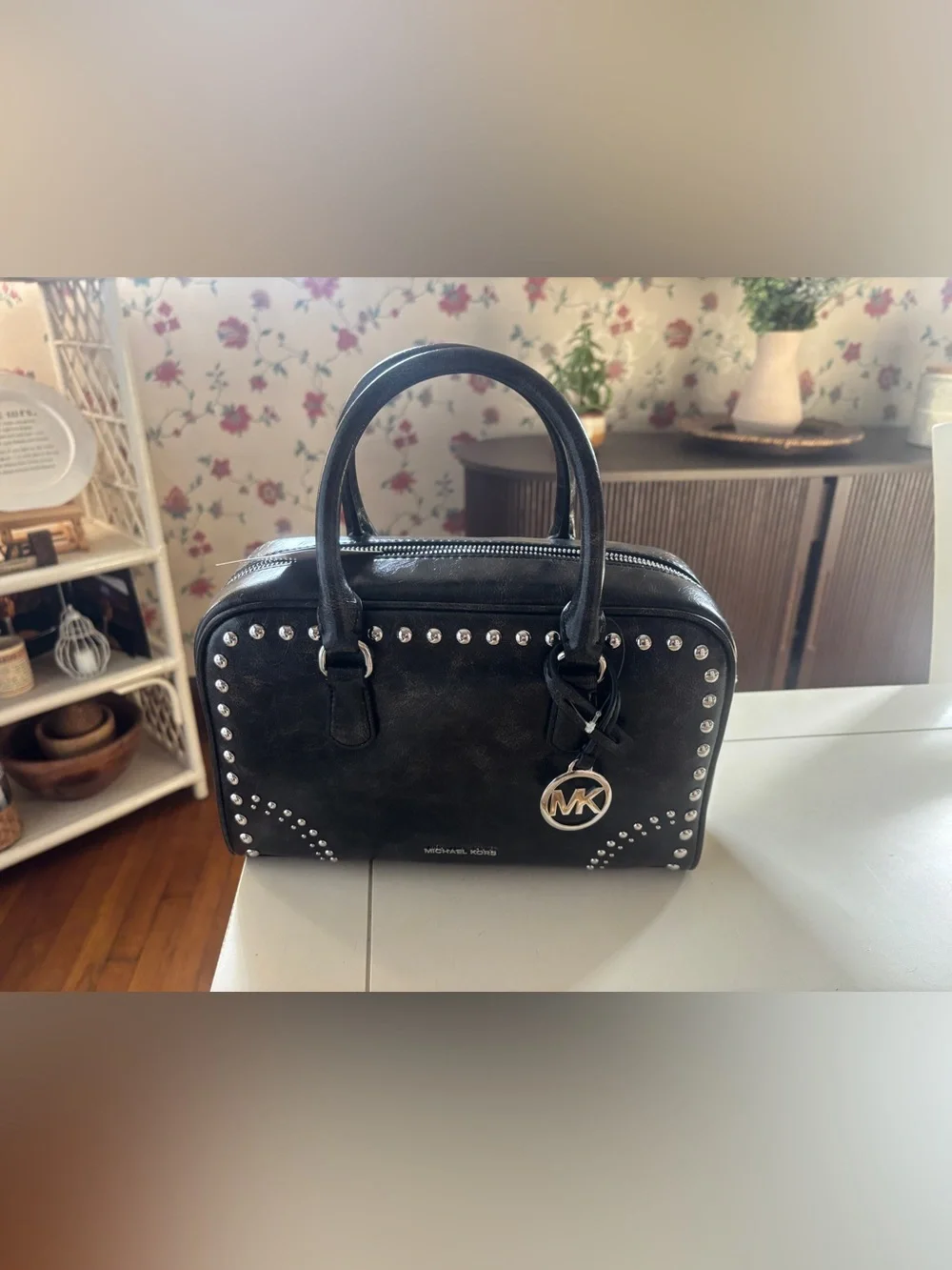 NWT Michael Kors Thompson Medium Distressed Studded Satchel in black